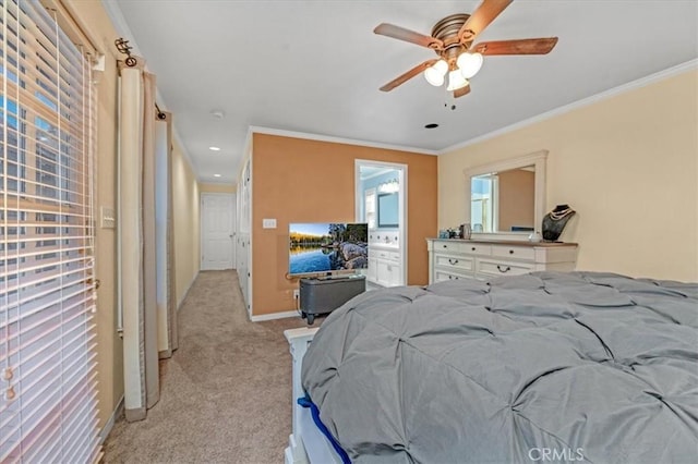 404 W Robinson Ave, Fresno, CA 93705 - bedroom with light colored carpet, ornamental molding, ceiling fan, and ensuite bath