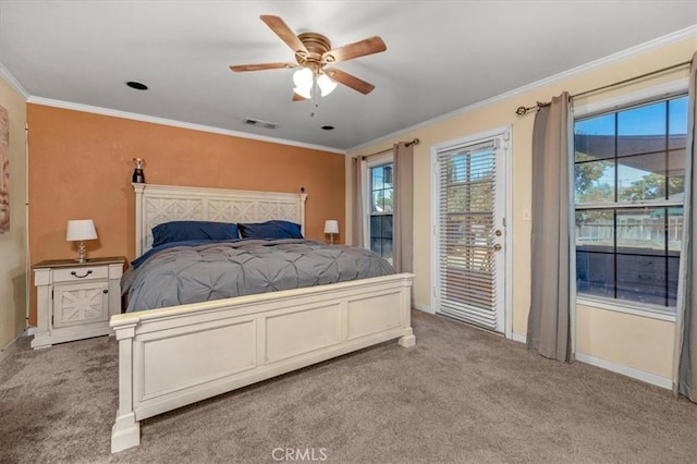 404 W Robinson Ave, Fresno, CA 93705 - bedroom featuring carpet flooring, access to outside, ornamental molding, and a ceiling fan