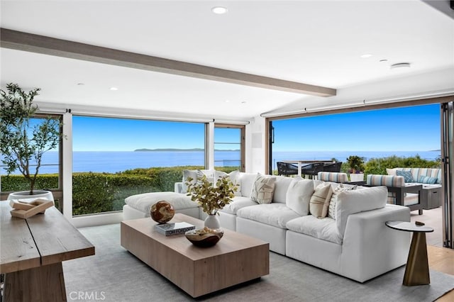 2570 Queda Way, Laguna Beach, CA 92651 - living room with a water view, beamed ceiling, and recessed lighting