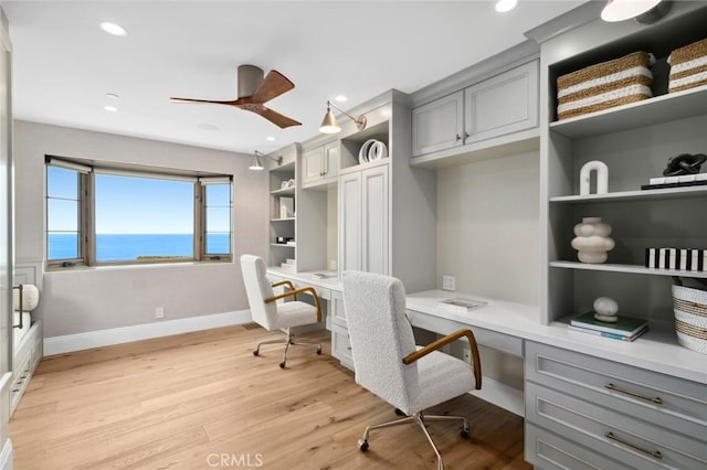 2570 Queda Way, Laguna Beach, CA 92651 - office area with built in study area, ceiling fan, light wood-style floors, recessed lighting, and a water view