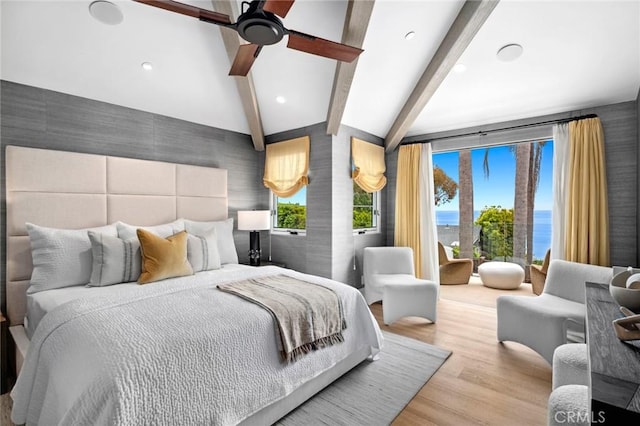 2570 Queda Way, Laguna Beach, CA 92651 - bedroom with wood finished floors, a water view, and a ceiling fan