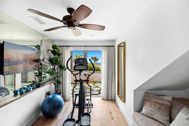 2570 Queda Way, Laguna Beach, CA 92651 - exercise room with light wood-style flooring and a ceiling fan