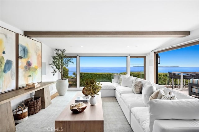 2570 Queda Way, Laguna Beach, CA 92651 - living room featuring beam ceiling, a water view, and plenty of natural light
