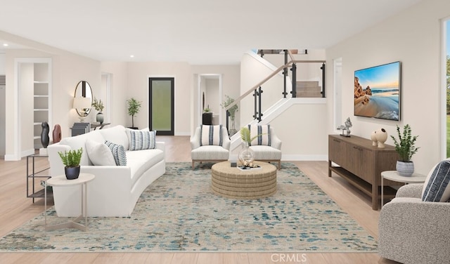 2064 E Pearl St, Encinitas, CA 92024 - living room featuring stairway, light wood-type flooring, and recessed lighting