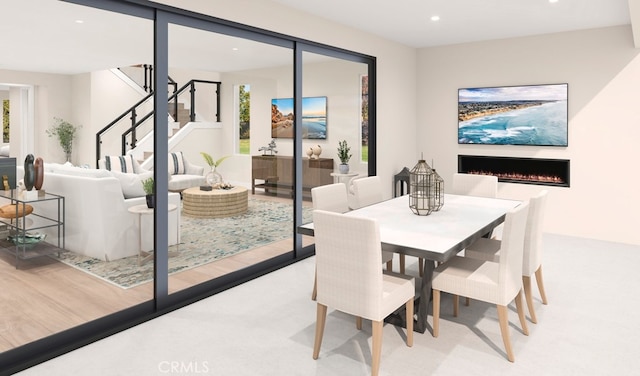 2064 E Pearl St, Encinitas, CA 92024 - dining room with recessed lighting, healthy amount of natural light, a warm lit fireplace, and stairway