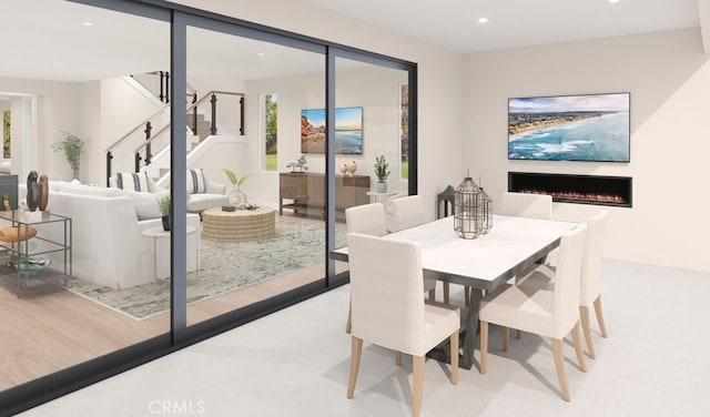 2064 E Pearl St, Encinitas, CA 92024 - dining room featuring recessed lighting, a lit fireplace, and stairs