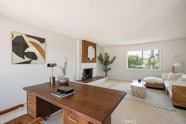 2443 Windward Ln, Newport Beach, CA 92660 - living room with carpet floors, a brick fireplace, a textured ceiling, and an office area