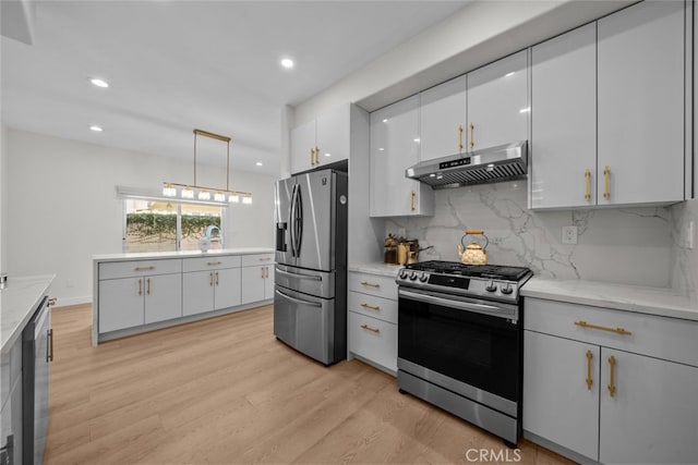 18340 Keswick St Unit 5, Reseda, CA 91335 - kitchen featuring stainless steel appliances, decorative backsplash, light wood finished floors, white cabinetry, and ventilation hood