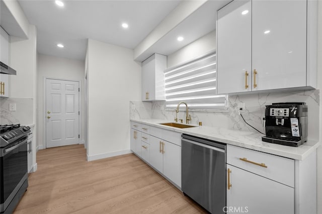 18340 Keswick St Unit 5, Reseda, CA 91335 - kitchen featuring white cabinetry, stainless steel appliances, backsplash, light wood-style floors, and recessed lighting