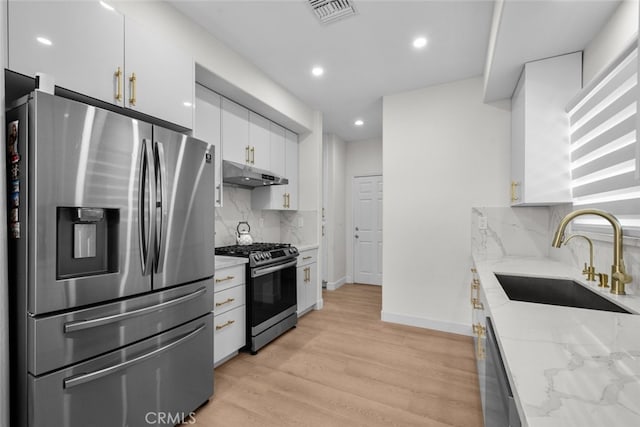 18340 Keswick St Unit 5, Reseda, CA 91335 - kitchen with stainless steel appliances, white cabinets, tasteful backsplash, light stone countertops, and light wood-style flooring