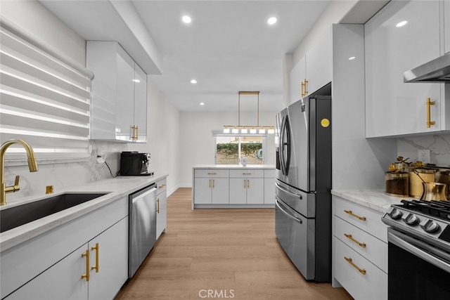 18340 Keswick St Unit 5, Reseda, CA 91335 - kitchen with stainless steel appliances, tasteful backsplash, white cabinetry, light wood-type flooring, and recessed lighting