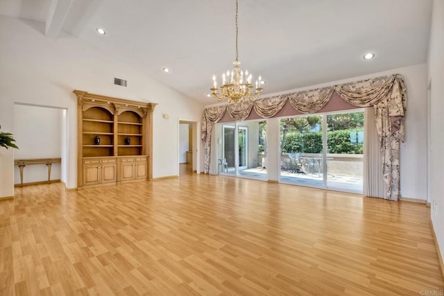 61 Via Larga Vis, Bonsall, CA 92003 - unfurnished living room with a chandelier, recessed lighting, beamed ceiling, light wood finished floors, and high vaulted ceiling