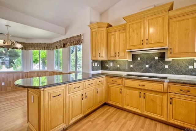 61 Via Larga Vis, Bonsall, CA 92003 - kitchen with light wood-style flooring, backsplash, and dark stone counters