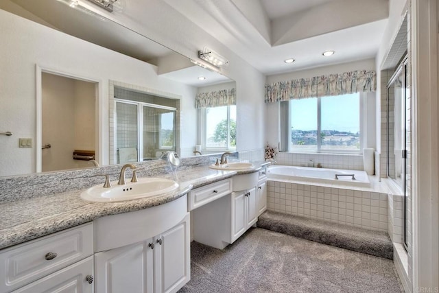 61 Via Larga Vis, Bonsall, CA 92003 - bathroom featuring double vanity, a garden tub, a shower stall, and recessed lighting