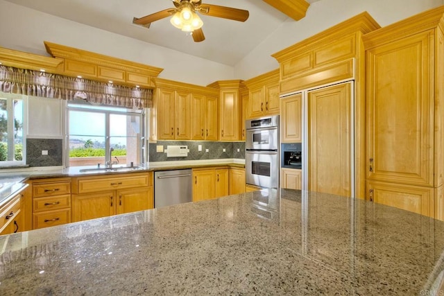 61 Via Larga Vis, Bonsall, CA 92003 - kitchen featuring ceiling fan, decorative backsplash, appliances with stainless steel finishes, and stone counters