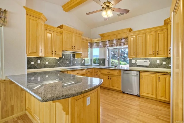 61 Via Larga Vis, Bonsall, CA 92003 - kitchen with a peninsula, stainless steel dishwasher, light wood finished floors, tasteful backsplash, and ceiling fan