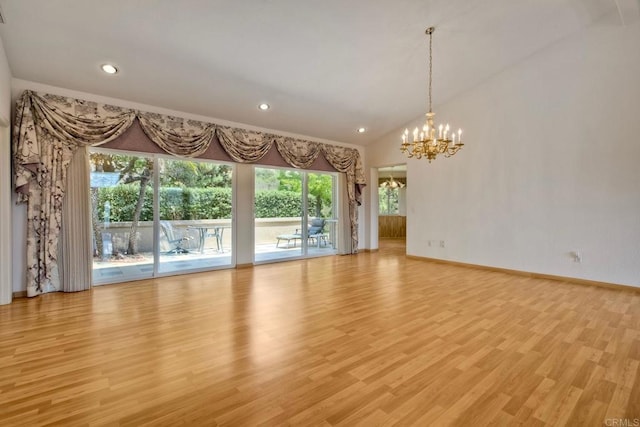 61 Via Larga Vis, Bonsall, CA 92003 - unfurnished living room featuring a chandelier, light wood-style floors, recessed lighting, and vaulted ceiling