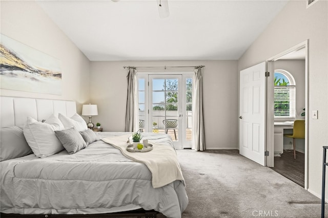 1336 Granada St, Upland, CA 91784 - bedroom featuring access to exterior, lofted ceiling, light carpet, and a ceiling fan