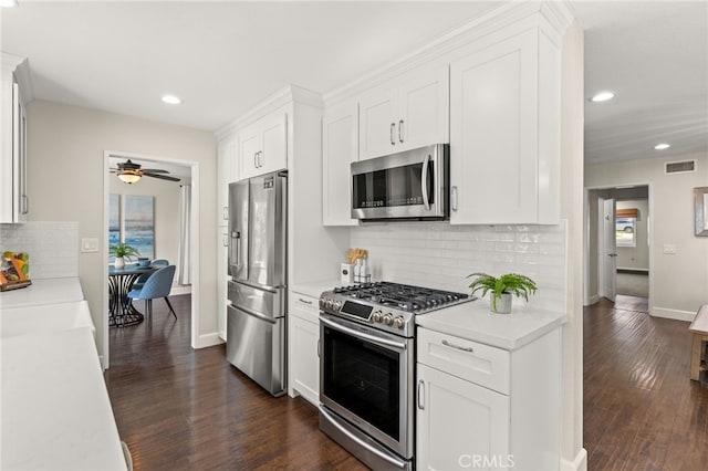 1336 Granada St, Upland, CA 91784 - kitchen featuring appliances with stainless steel finishes, a ceiling fan, light countertops, recessed lighting, and tasteful backsplash
