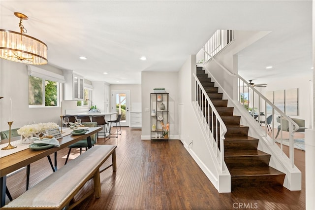 1336 Granada St, Upland, CA 91784 - dining room with stairs, dark wood finished floors, healthy amount of natural light, recessed lighting, and a chandelier
