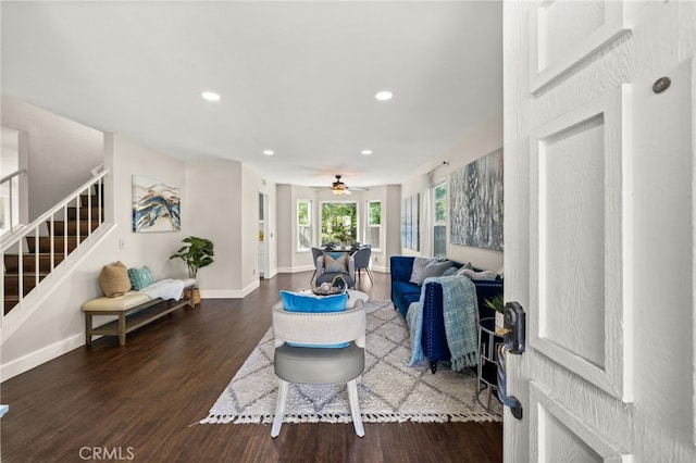 1336 Granada St, Upland, CA 91784 - living room featuring wood finished floors, stairway, recessed lighting, and a ceiling fan