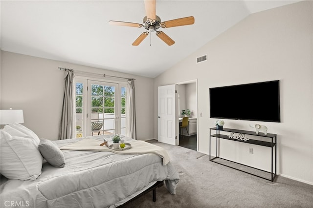 1336 Granada St, Upland, CA 91784 - carpeted bedroom featuring access to exterior, lofted ceiling, and ceiling fan