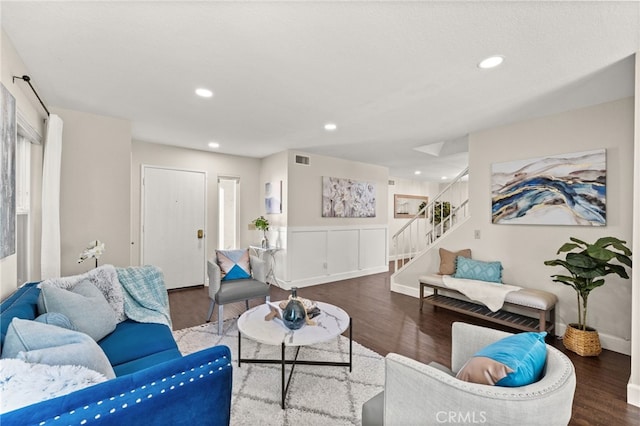 1336 Granada St, Upland, CA 91784 - living room featuring stairs, wood finished floors, and recessed lighting