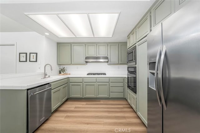 33144 Ocean Rdg, Dana Point, CA 92629 - kitchen with green cabinetry, appliances with stainless steel finishes, a peninsula, light wood-type flooring, and recessed lighting