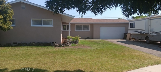 1416 Carmelita Ct, Upland, CA 91786 - ranch-style house with crawl space, an attached garage, stucco siding, and a front yard
