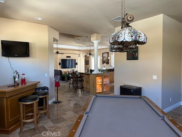 17134 Joshua Rd, Apple Valley, CA 92307 - playroom featuring a bar, billiards table, decorative columns, ceiling fan, and recessed lighting