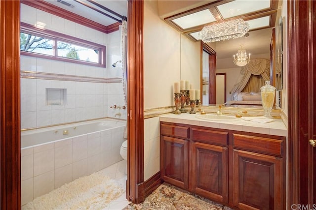 full bathroom with toilet, large vanity, shower / bath combination with curtain, tile flooring, and an inviting chandelier