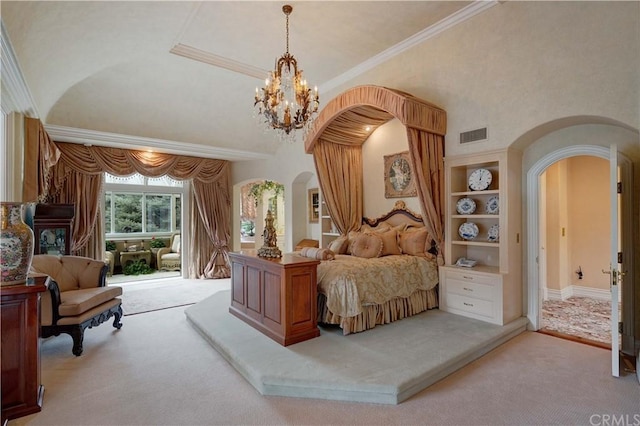 bedroom featuring a high ceiling, a notable chandelier, light carpet, and crown molding