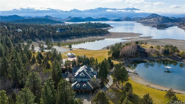 birds eye view of property featuring a water and mountain view