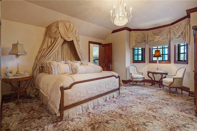 bedroom with an inviting chandelier and ornamental molding