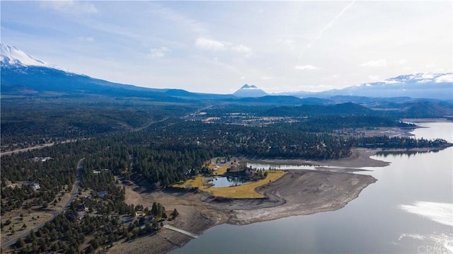 bird's eye view with a water and mountain view