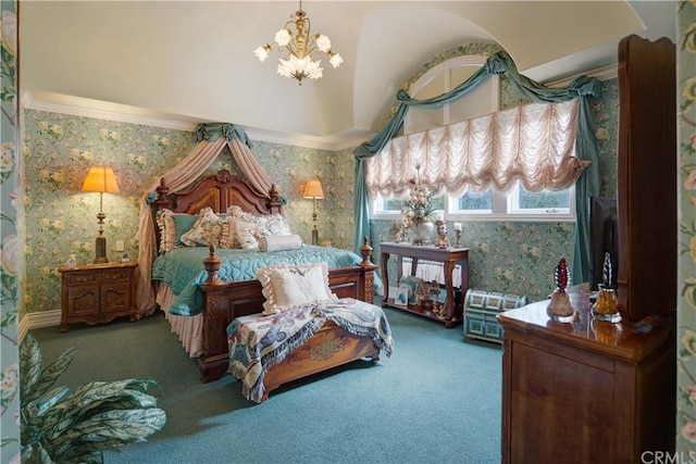 carpeted bedroom featuring a notable chandelier