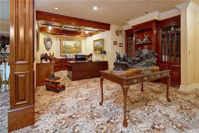 office space featuring beamed ceiling, coffered ceiling, and crown molding