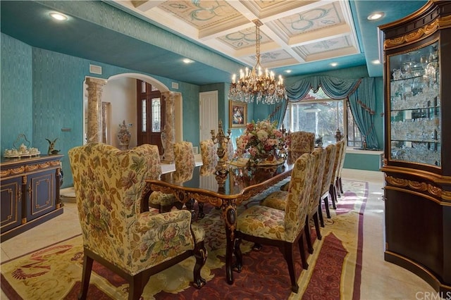 tiled dining area with ornamental molding, beamed ceiling, coffered ceiling, ornate columns, and a notable chandelier