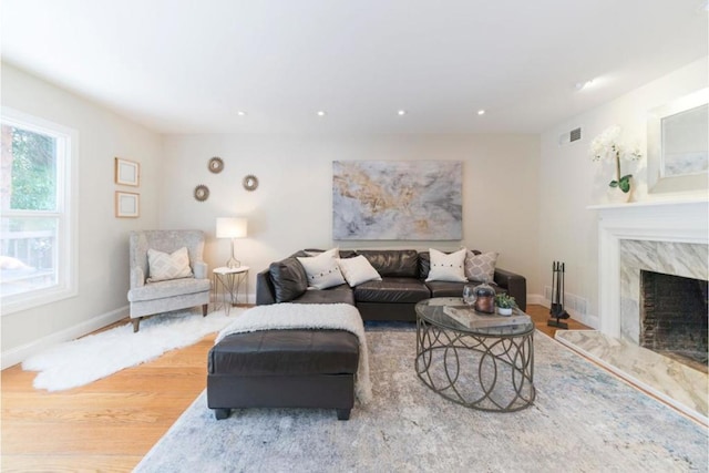 living room featuring wood-type flooring and a premium fireplace