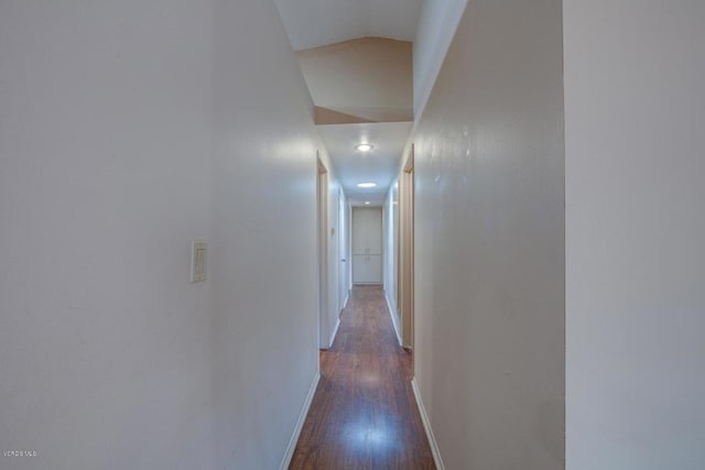 hallway with hardwood / wood-style floors and vaulted ceiling