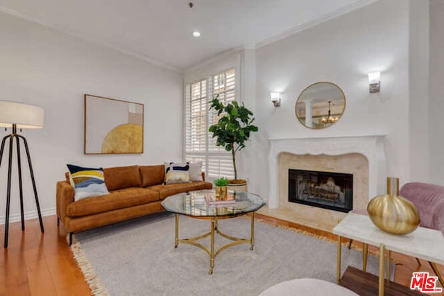 living room with hardwood / wood-style floors, a premium fireplace, and lofted ceiling