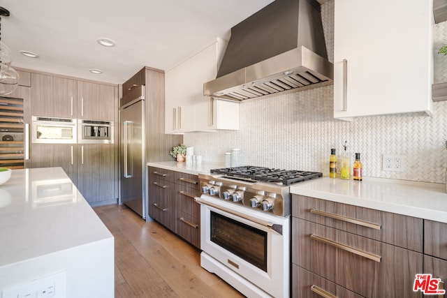 kitchen featuring light hardwood / wood-style flooring, wall chimney exhaust hood, tasteful backsplash, and stainless steel appliances