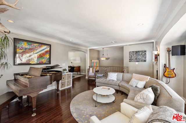 living room featuring dark hardwood / wood-style floors and ornamental molding