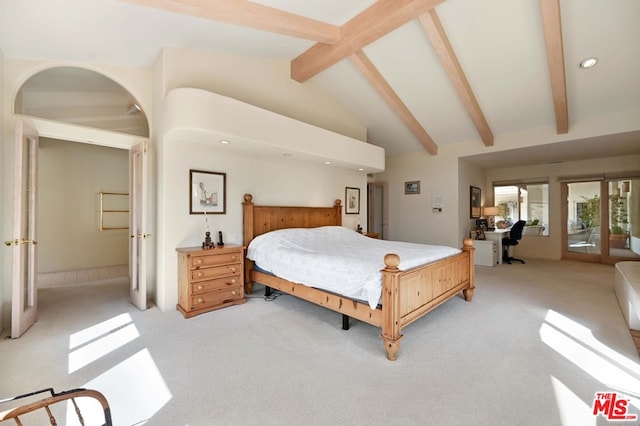 bedroom featuring high vaulted ceiling, access to outside, light carpet, french doors, and beam ceiling