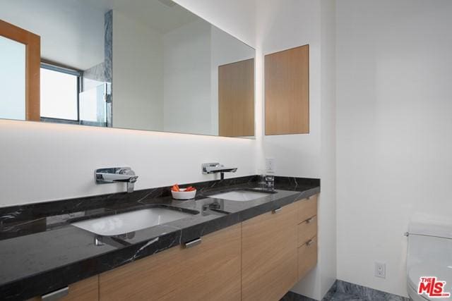 bathroom with toilet, vanity with extensive cabinet space, and double sink