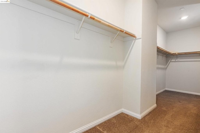 walk in closet with dark colored carpet