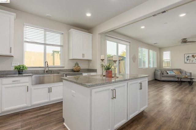 kitchen with dark hardwood / wood-style floors, ceiling fan, sink, a healthy amount of sunlight, and white cabinetry