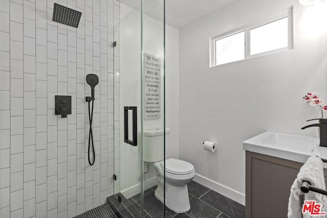 bathroom with walk in shower, tile flooring, toilet, and vanity