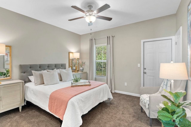 bedroom with dark carpet and ceiling fan