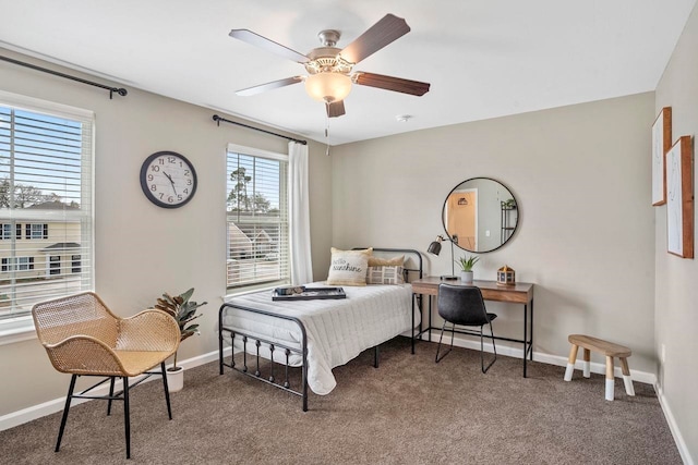 carpeted bedroom with ceiling fan and multiple windows